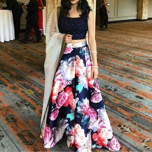 Floral Navy and Pink Women's Skirt with Blouse